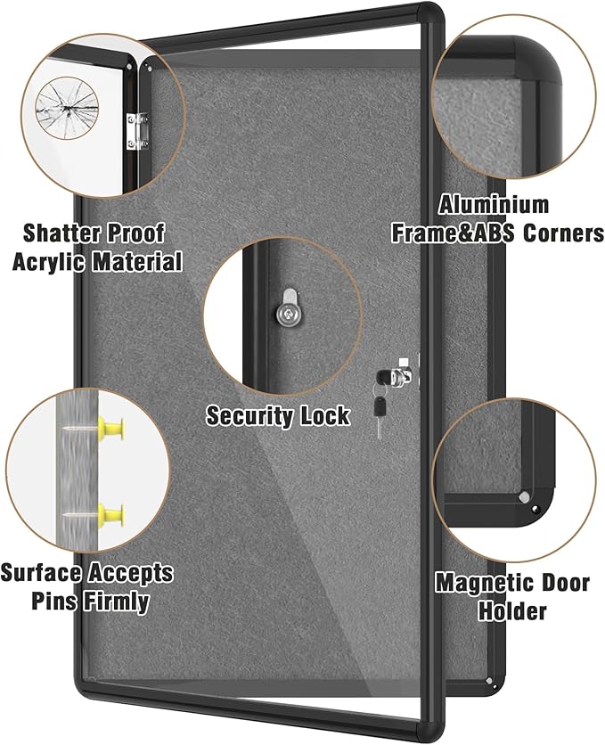 36"x24" Enclosed Bulletin Board, Lockable Weather-Resistant Aluminum Cork Noticeboard for School & Office, Black Frame w/Grey Flet-DeskLoop Office