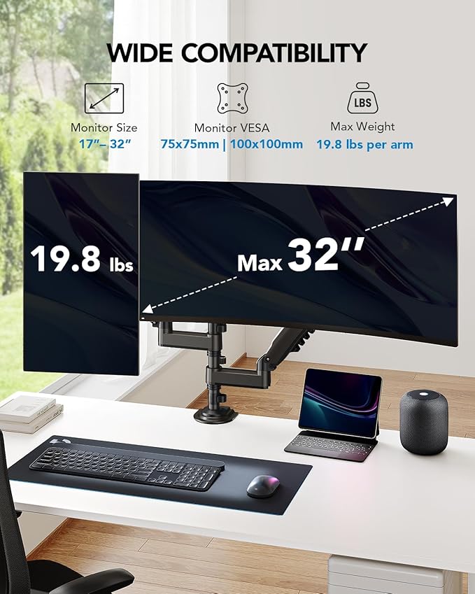 HUANUO 17-32 Inch Dual Monitor Stand, Gas Spring Dual Monitor Mount, Monitor Stand 2 Monitors, Ergonomic Adjustable Tilt/Swivel/Rotate, Weight Max 19.8 lbs, VESA 75/100mm-DeskLoop Office
