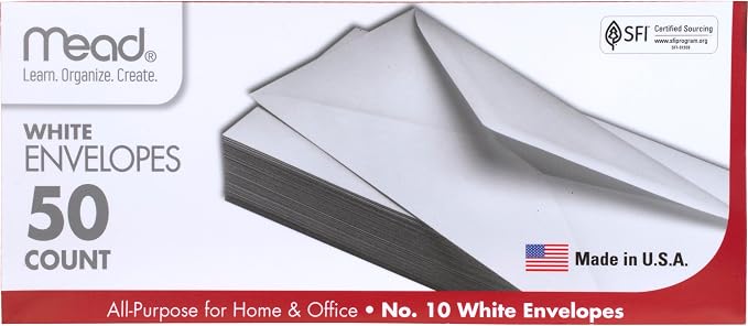Mead #10 Envelopes, Letter Size, 4-1/8" x 9-1/2", Gummed Closure by Mead