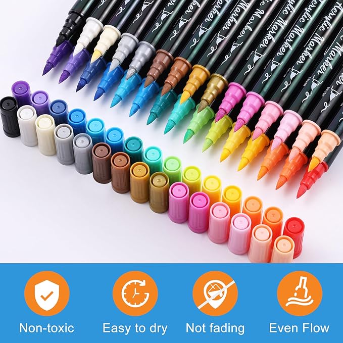 30 Colors Acrylic Paint Markers, Waterproof Dual Tip Acrylic Paint Pens with Brush and Fine Tip, Markers Set for Paper, Rock, Wood, Canvas, Glass, Ceramic and DIY Crafts Making Art Supplies-DeskLoop Office
