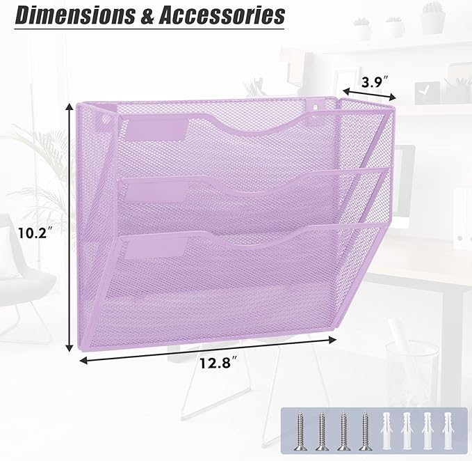EASEPRES 3 Pocket Mesh Hanging Wall File Organizer, Wall Mounted Mail Paper Document Folder Holder, Clipboard Storage Organization Magazine Rack with Nametag Label for Office Home School, Light Purple-DeskLoop Office