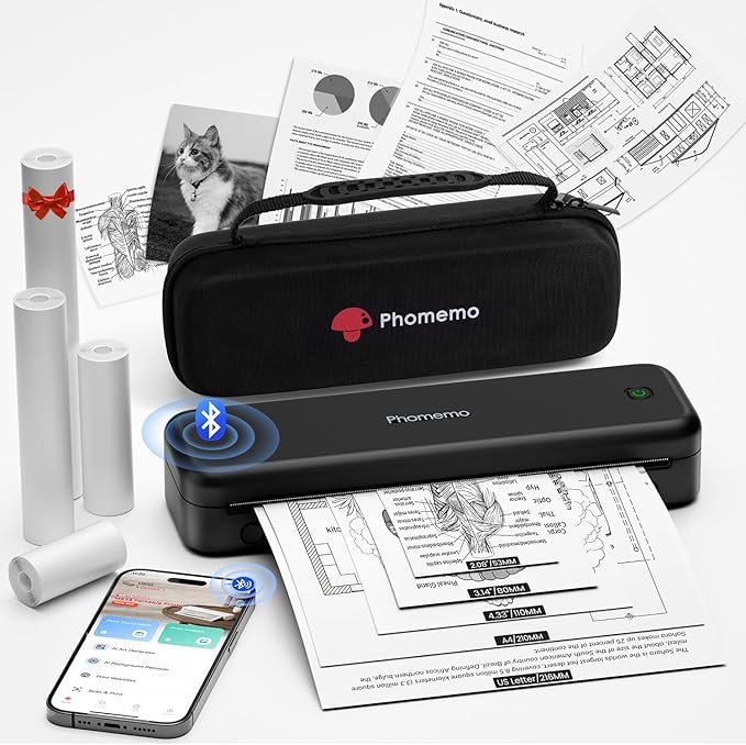 Phomemo Portable Printers Wireless for Travel Upgraded, M834 Bluetooth Thermal Printer 8.5" x 11"& A4 Size,Inkless Mobile Printer with Carry Case for Travel,Office,School,Car,Home,Black-DeskLoop Office
