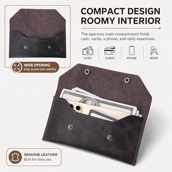 Genuine Leather Cash Envelope Wallet, Two Snap Money Pouch - Image 3