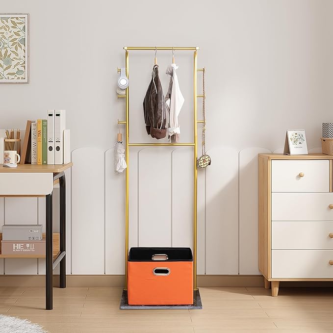 Heavy Duty Coat Rack with Storage Basket Metal Hanging Clothes Rack with Marble Base Modern Standing Clothing Rack for Entryway Bedroom Living Room Hotel 19.69 x 13.39 x 67.72 Inches (Gold)-DeskLoop Office