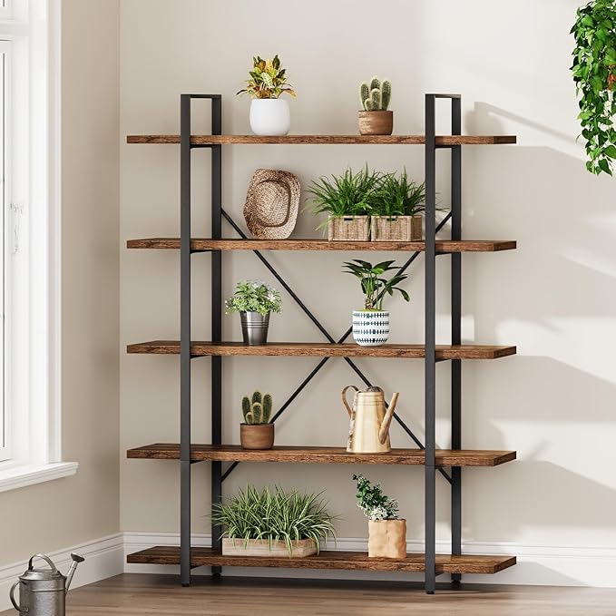 HSH Rustic Bookcases and Book Shelves 5 Shelf, Metal Wood 5 Tier Bookshelf and Storage Book Rack, Vintage Large Book Shelf for Bedroom Living Room Office,Open Vertical Display Etagere Book Case, Brown-DeskLoop Office