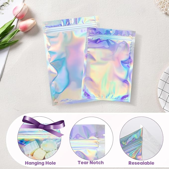 100Pcs Holographic Packaging Bags, 5.9x8.6 inch Resealable Foil Pouch Mylar - Image 6