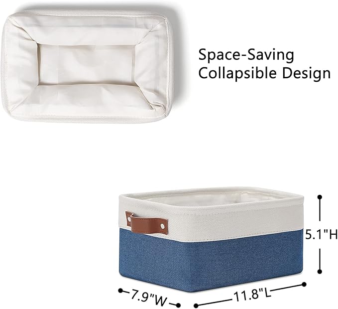 DULLEMELO Set of 6 Small Baskets for Organizing, Small Fabric Storage Bins for Toys Storage, Collapsible Storage Bins with Leather Handles for Shelves, Closets, Laundry, Nursery(White&Blue)-DeskLoop Office