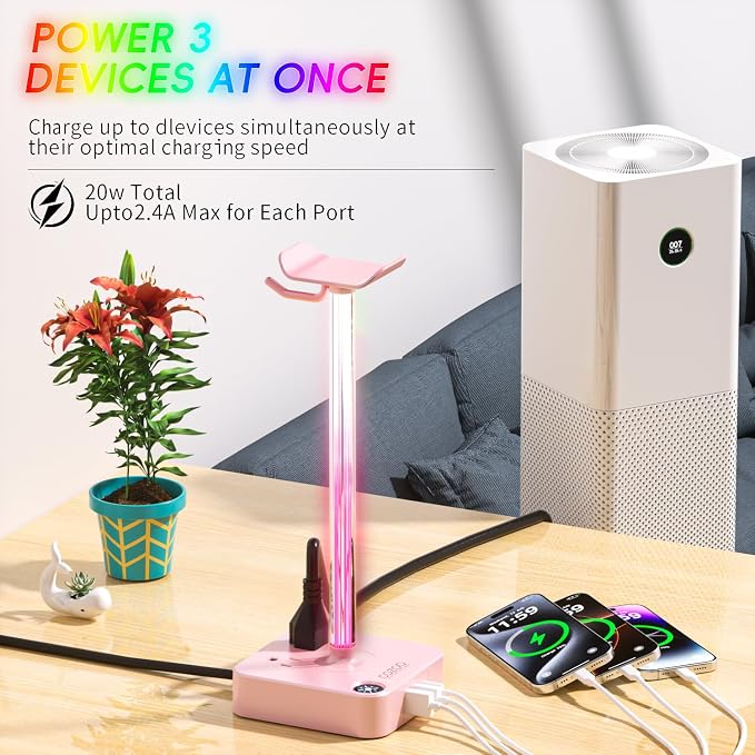 cozoo Gifts for Teen Girls Cute Pink RGB Headphone Stand & Charging Station - Image 5