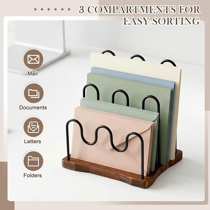 SiliFine Desktop Metal Mail Organizer, Wood Base Desktop 3-slot Letter Holder - Image 5