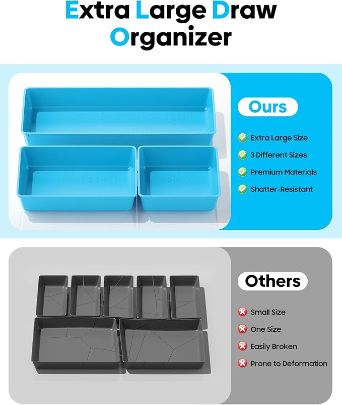 10 Pack Large Size Plastic Drawer Organizers Set, 3 Sizes Desk Drawer Organizer - Image 3