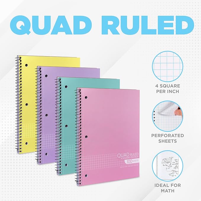 Graph Paper Spiral Notebook - Graph Paper Notebook, Quad Ruled Grid Notebooks, Perforated Pages - 10.5 X 8 Inches - 1 Subject Wirebound Notebook - Assorted Colors - 100 Sheets per Book - (Bulk - 48 Pack)-DeskLoop Office
