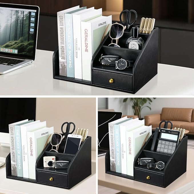 KINGFOM PU Leather Desk Organizer, Multifunction 6 Compartment Desk Organizers and Accessories for Office Supplies, Pen Pencil Holder/Book Mail Organizer Holder for Desk with Drawer(Black)-DeskLoop Office