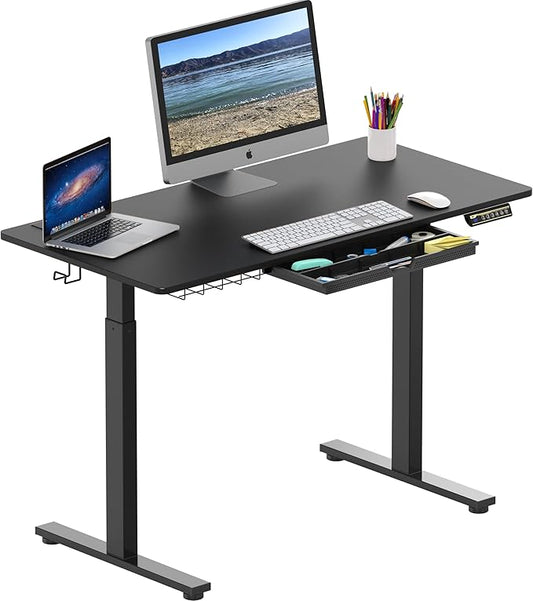 SHW 48-Inch Electric Height Adjustable Standing Desk with Drawer, Memory Preset and Cable Management Tray, Black-DeskLoop Office