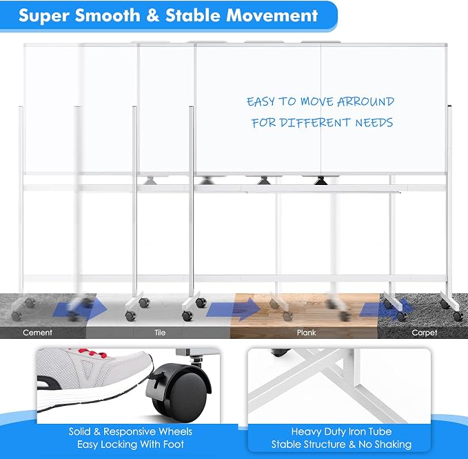 maxtek Rolling Whiteboard, Large Double Sided Standing Whiteboard - Image 6