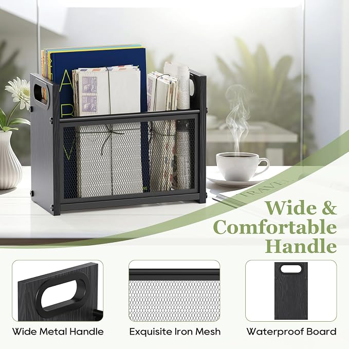 Black Magazine Holder, Wood Magazine Rack Floor, Mesh Magazine File Holder - Image 4