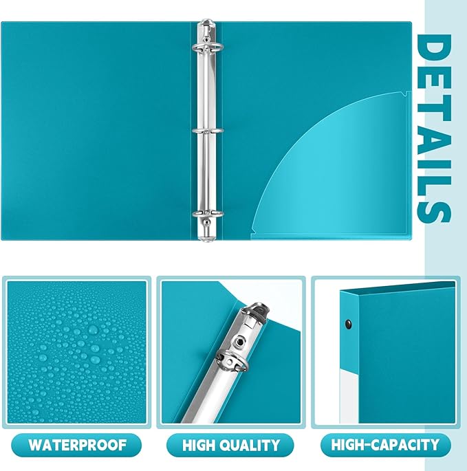 Henoyso 36 Pcs 3 Ring Binder 1/2'' Round Fits Letter Size 8. 5'' x 11'' Paper Plastic Flexible Binder Holds 100 Sheets with 1 Pockets Versatile Organizer for Office Home School (Turquoise)-DeskLoop Office