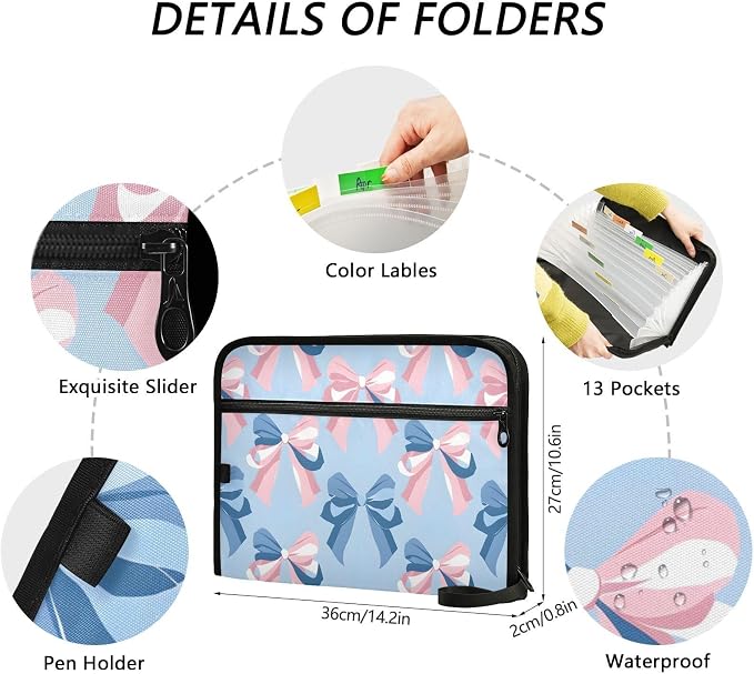 Expanding File Folder Pink Bow Blue Pattern Accordion File Organizer 13 Pockets - Image 4