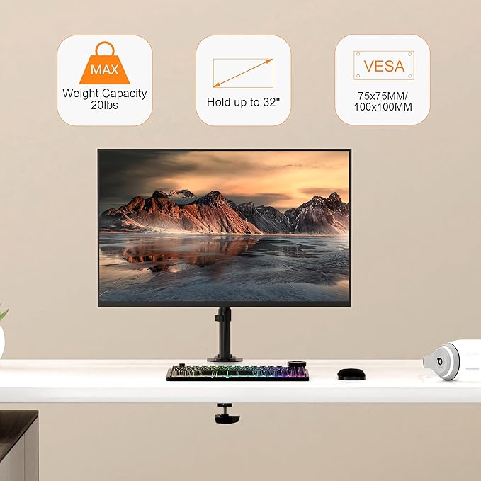 Pholiten Single Monitor Stand, Heavy Duty Adjustable Monitor Arm Desk Mount for 13-32Inch, Tilt, Swivel, Rotate, Support 22 lbs,Black-DeskLoop Office