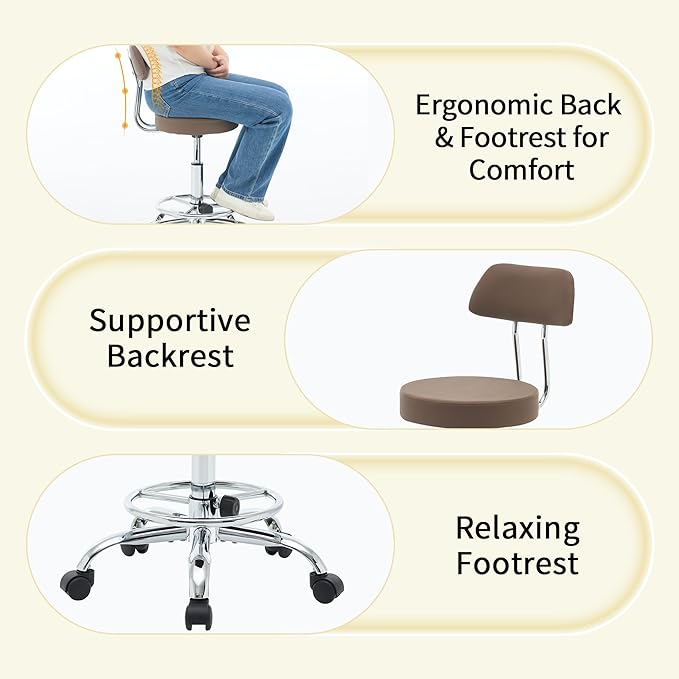Salon Rolling Chair, Adjustable Stool with Footrest and Back 19.5’’-26.6’’,Coffee Brown Massage Stools with Wheels (Coffee Brown)-DeskLoop Office