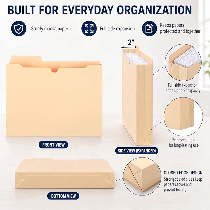 25 Pack Manila File Jacket, 2 Inch Expandable File Folders - Image 4