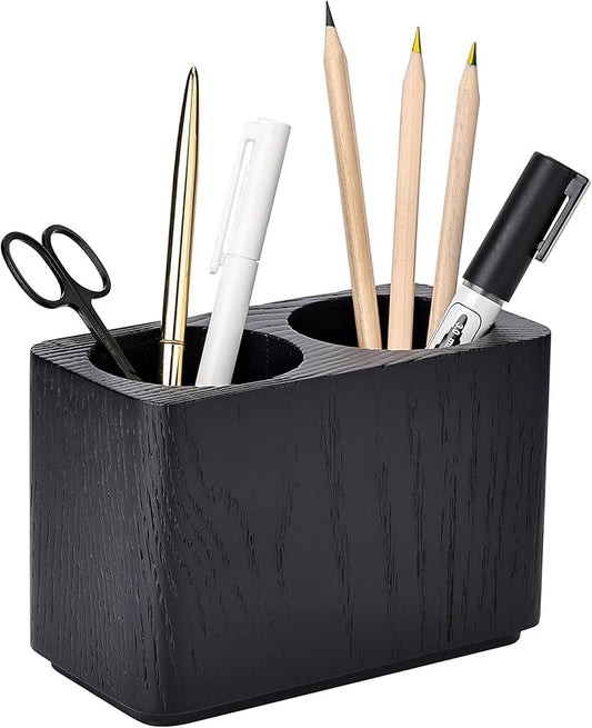 Oak Solid Wood Pen &Pencil Holder for Desk, Office Stationery Organizer, Table Pencil Cup Stand,Desk Accessories Holder, Two Cups Practical Design. (Char Black)-DeskLoop Office