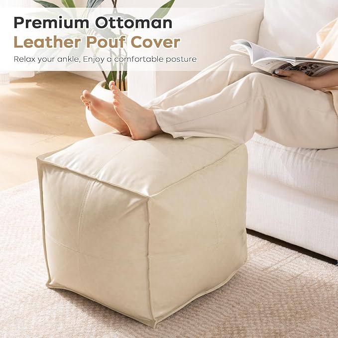 17.7" Square Unstuffed Pouf Ottoman Cover, Pu Leather Poufs Cube Foot Stool Poofy Ottomans Footrest, Decorative Casual Footstool for Living Room, Perfect to Rest Your Feet, Only Cover No Filler, Beige-DeskLoop Office