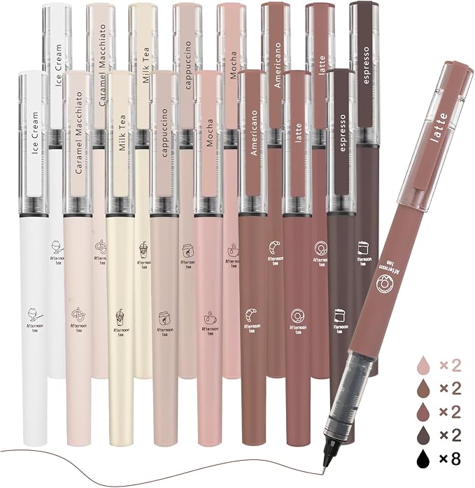 FUNFULL 16pcs Quick Dry Coffee Ink Rollerball Pens, 0.5mm Fine Point Colored by FUNFULL
