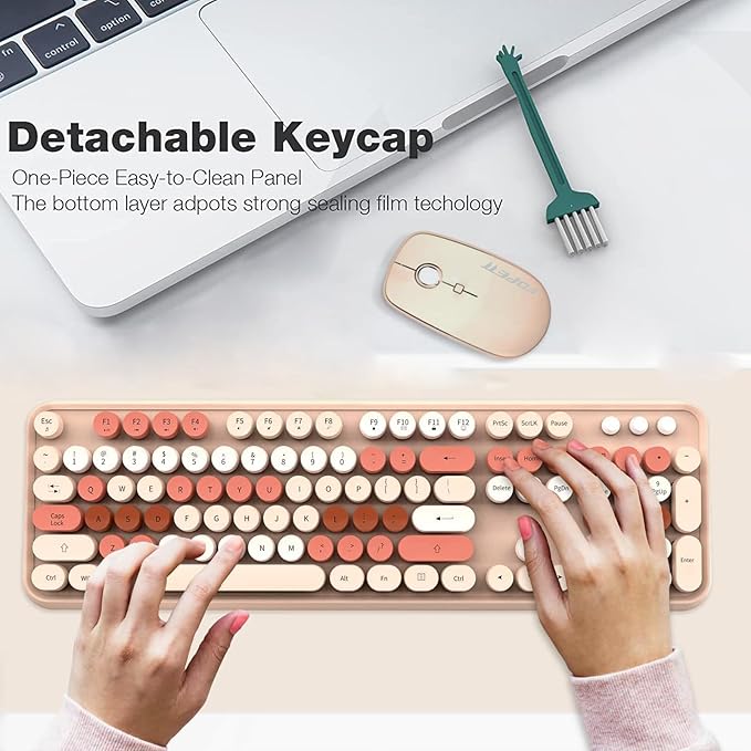 FD Wireless Keyboard and Mouse Combo | Cute Colorful Keyboard and Mouse with 2.4GHz Cordless Retro Typewriter Keyboard | Auto-Sleep | USB Receiver for Windows PC/Laptop - Creamy Colorful-DeskLoop Office