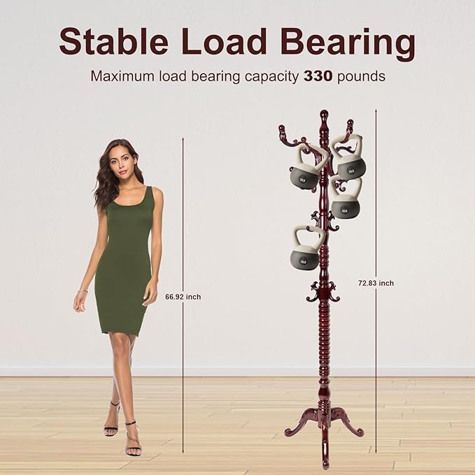 Solid Wood Coat Rack – 73" Freestanding Coat Racks Stand with 14 Hooks & Stable Base, Adjustable Height Modern Wooden Hall Tree for Entryway, Bedroom, Office, Home (Mahogany Triangle)-DeskLoop Office