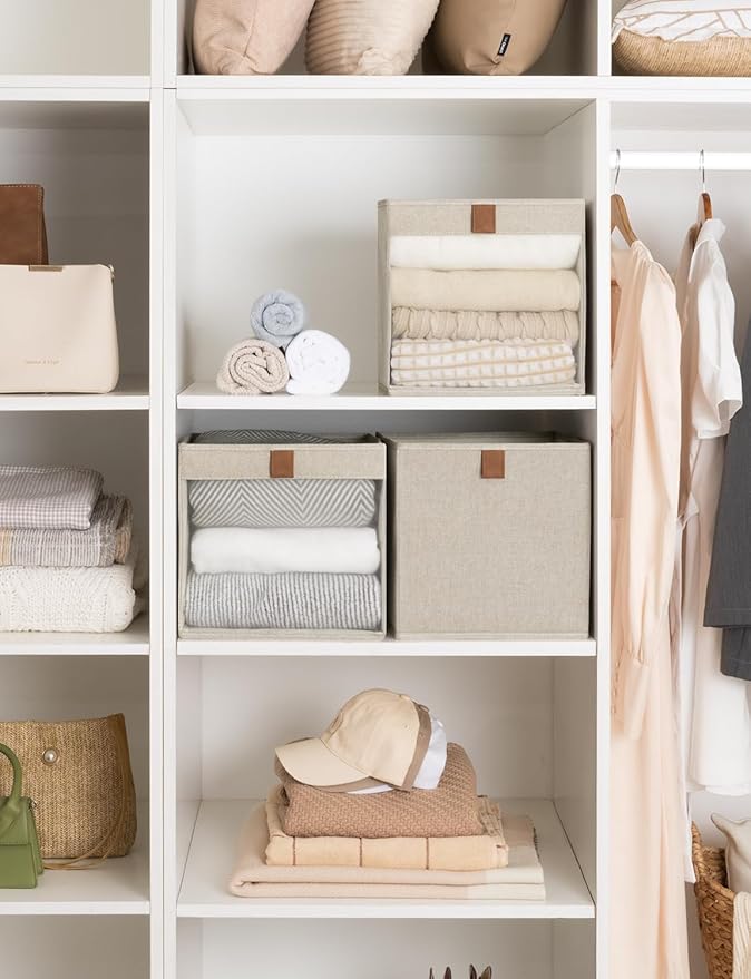 StorageWorks 11x11 Storage Cubes, Closet Storage Bins with Clear Window, Fabric Organizer for Clothes, Collapsible Storage Baskets with PU Handles, Brown and Beige, 3-Pack-DeskLoop Office