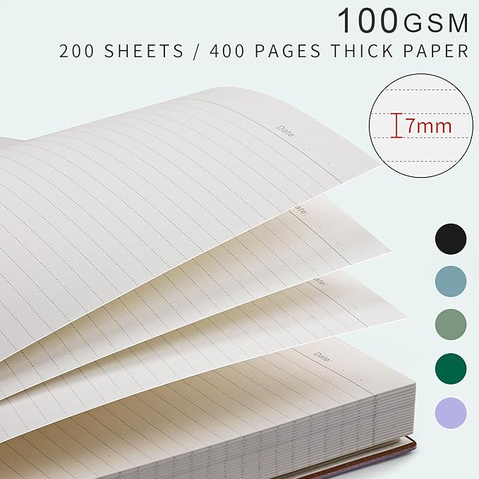 EMSHOI A4 College Ruled Notebook Journal- 400 Pages (200 sheets), 7mm Spacing & Vegan Leather Cover for Work, School, Bible Study, Bullet Journaling- with Sticky Notes, Pocket & Pen Holder- Purple