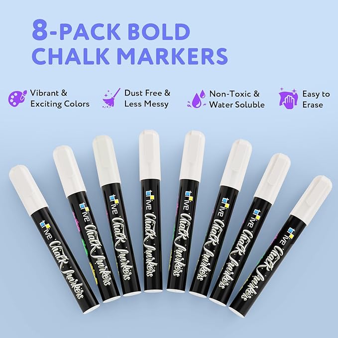 TFIVE White Chalk Markers - Dry & Wet Erase Marker Pens for Chalkboards, Signs, Windows, Blackboard, Glass, Mirrors, Liquid chalkboard markers with Reversible Tip and 24 Labels(8 Pack)-DeskLoop Office