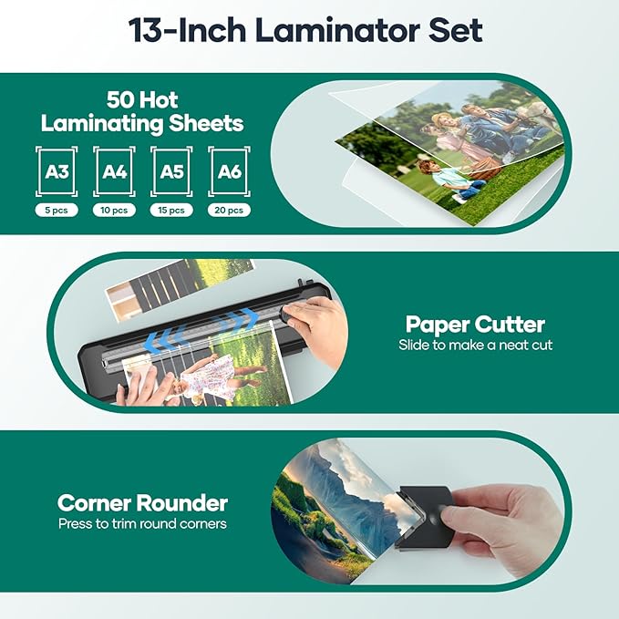 Laminator Machine A3 with 50 Laminating Sheets, Laminator Thermal and Cold with Paper Trimmer Corner Rounder, High-Speed Jam-Free, Low-Noise 13-Inch Laminating Machine(Black)-DeskLoop Office