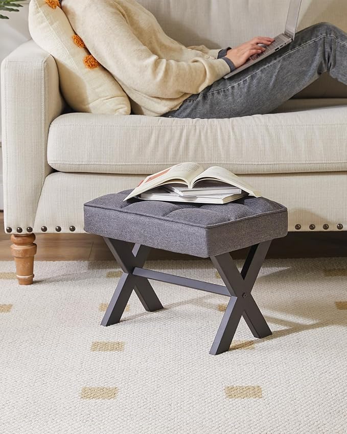 IBUYKE Small 12" H Footrest, Square Linen Foot Stool with Metal X-Leg, Multi-Use as Small Side Table, Step Stool for Living Room, Bedroom, Entryway, Office, Dark Gray WBD011G-DeskLoop Office