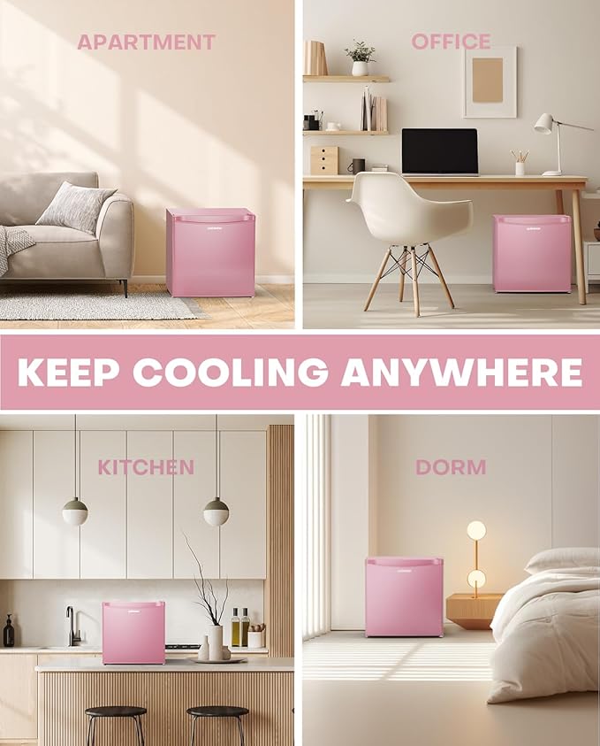 Upstreman 1.7 Cu.ft Mini Fridge with Freezer, Dorm Essentials, Adjustable Thermostat, Energy Saving, Low Noise, Single Door Compact Refrigerator for Dorm, Office, Bedroom, Pink-FR17-DeskLoop Office
