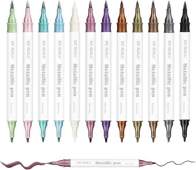 GC QUILL 12 Colors Metallic Marker Pens - Dual Tip Brush and Fine Point Pens for DIY Album, Black Cards, Scrapbooking, Craft Supplies, on Ceramic, Stone, Glass, Fabric GC-MP12-DeskLoop Office