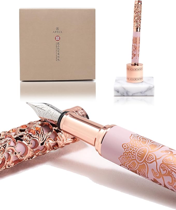 Luxury Fountain Pen Set With Stand - Museum Art Collections - Crafting Timeless Beauty - the Best Gift & Office Desk Decor, German SCHMIDT Fine Nib, Solid Metal & Marble Texture-DeskLoop Office