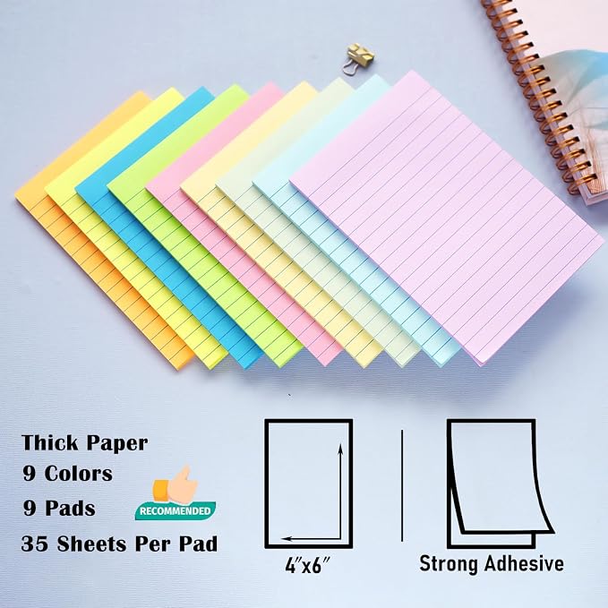 HQCME 9 Pack Lined Sticky Notes 4X6 in Post, 9 Pastel Colors Large Ruled Post - Image 2