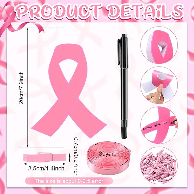Kosiz 100 Pack Large Pink Ribbon Set 100 Breast Cancer Awareness Cutouts 2 Marker Pens 100 Wooden Clips with Rope Pink Ribbon Breast Cancer Awareness Items for Women Charity Support Supplies-DeskLoop Office