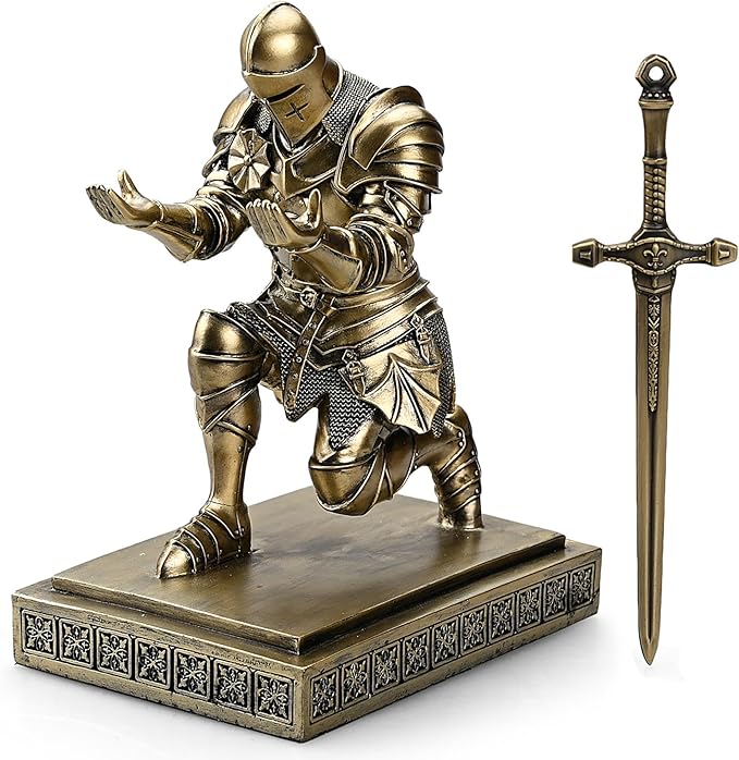 Medieval Armored Warrior Knight Pen Holder Desk Organizers and Accessories Resin Pencil Holder Paperweight as Gift with a Cool Letter Opener for Desk (Bronze)-DeskLoop Office
