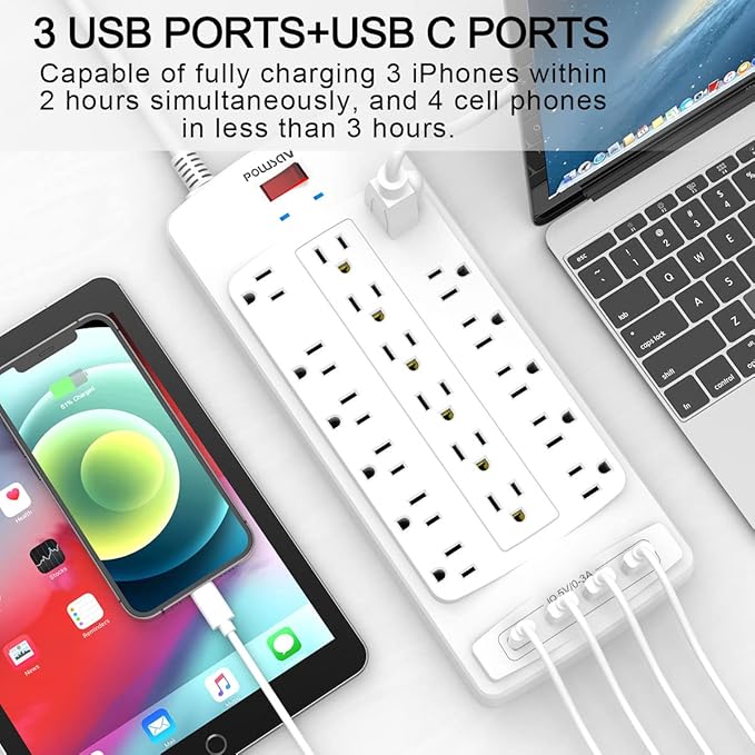 18 Outlets Surge Protector Power Strip - 10 Feet Flat Plug Heavy Duty Extension Cord with 18 Widely Outlets and 4 USB Ports, 2100 Joules, White, ETL Listed-DeskLoop Office