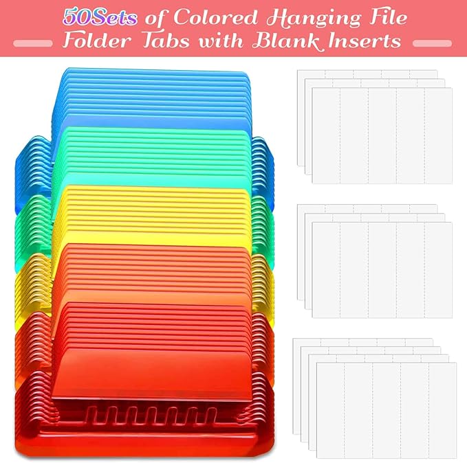 File Folder Tabs, Paxcoo 50 Sets Hanging File Folder Tabs and Inserts, Plastic - Image 2