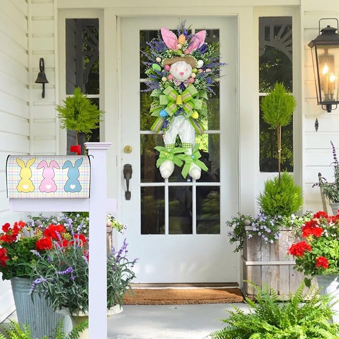 Cute Easter Bunny Mailbox Covers, Colourful Buffalo Plaid Rabbit Decorations - Image 2
