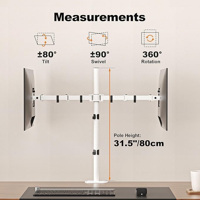 Suptek Dual LED LCD Monitor Stand up Desk Mount Extra Tall 31.5" Pole Heavy Duty Fully Adjustable Stand for 2 / Two Screens up to 27 inch,White (MD6842W)-DeskLoop Office