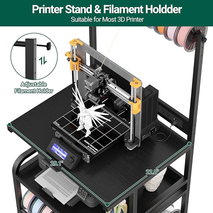 Homieasy Printer Stand with Charging Station, 29.1" x 22.8" Large 3D Printer Table with Filament Storage, Heavy Duty Rolling Printer Cart with 4-Tier Storage for Workshop/Office/Garage, Black-DeskLoop Office