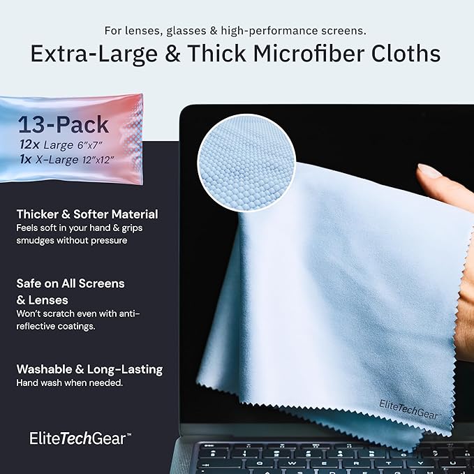 Elite Tech 13-Pack Microfiber Cloth Set - Washable Oversized Cleaner for Eyeglasses, Electronics, Screens & Lenses, Dual Sizes 6"x7" & 12" x12 - Microfiber Cleaning Cloth-DeskLoop Office