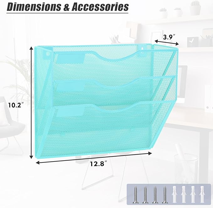 EASEPRES 3 Pocket Mesh Hanging Wall File Organizer, Wall Mounted Mail Paper Document Folder Holder, Clipboard Storage Organization Magazine Rack with Nametag Label for Office Home School, Blue-DeskLoop Office