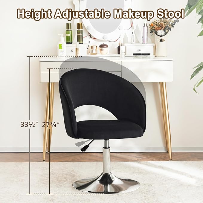 Furnimart Adjustable Black Vanity Chair with Back, Velvet Makeup Chair Swivel Accent Chair with Chrome Frame Hollow Backrest, Side Chair for Living Room, Makeup Room, Bedroom (Black)-DeskLoop Office