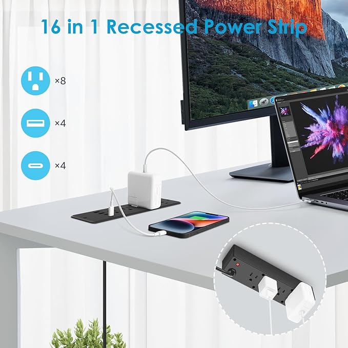 HHSOET 8 Outlet Recessed Power Strip, 30W Fast Charging Furniture Power Outlet USB C, Flush Mount Surge Protection Socket with 4 USB-A and 4 USB-C, 10ft Power Cord. (Black)-DeskLoop Office
