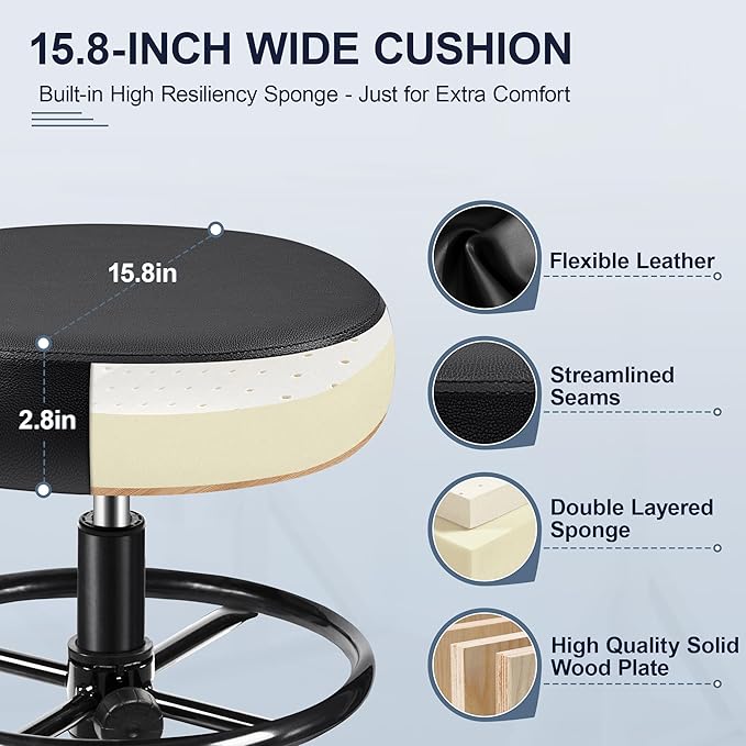 Drafting Chair with Backrest – Adjustable Foot Rest Rolling Stool with Wheels, PU Leather Swivel Stool for Office Spa Studio Lab Counter Salon Home Work Bar Kitchen Shop(Black)-DeskLoop Office